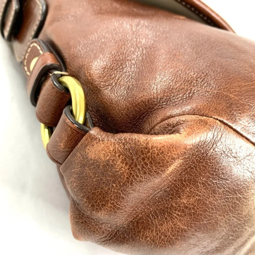 Coach Z Brown Leather Z23987 Medium Flap Shoulder Duffle Bag Pleated Purse Brass - Picture 11 of 13